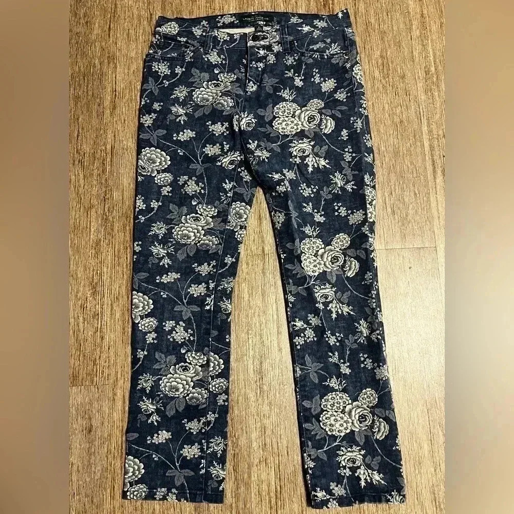 Lauren Ralph Lauren Floral Jeans Modern Straight Ankle Blue Ivory Women’s Size 6